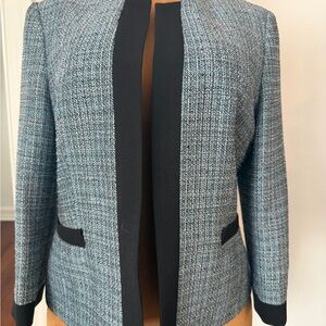 Kasper Open Front Collarless Navy & Light Blue Tweed Jacket Blazer, 12 L XL